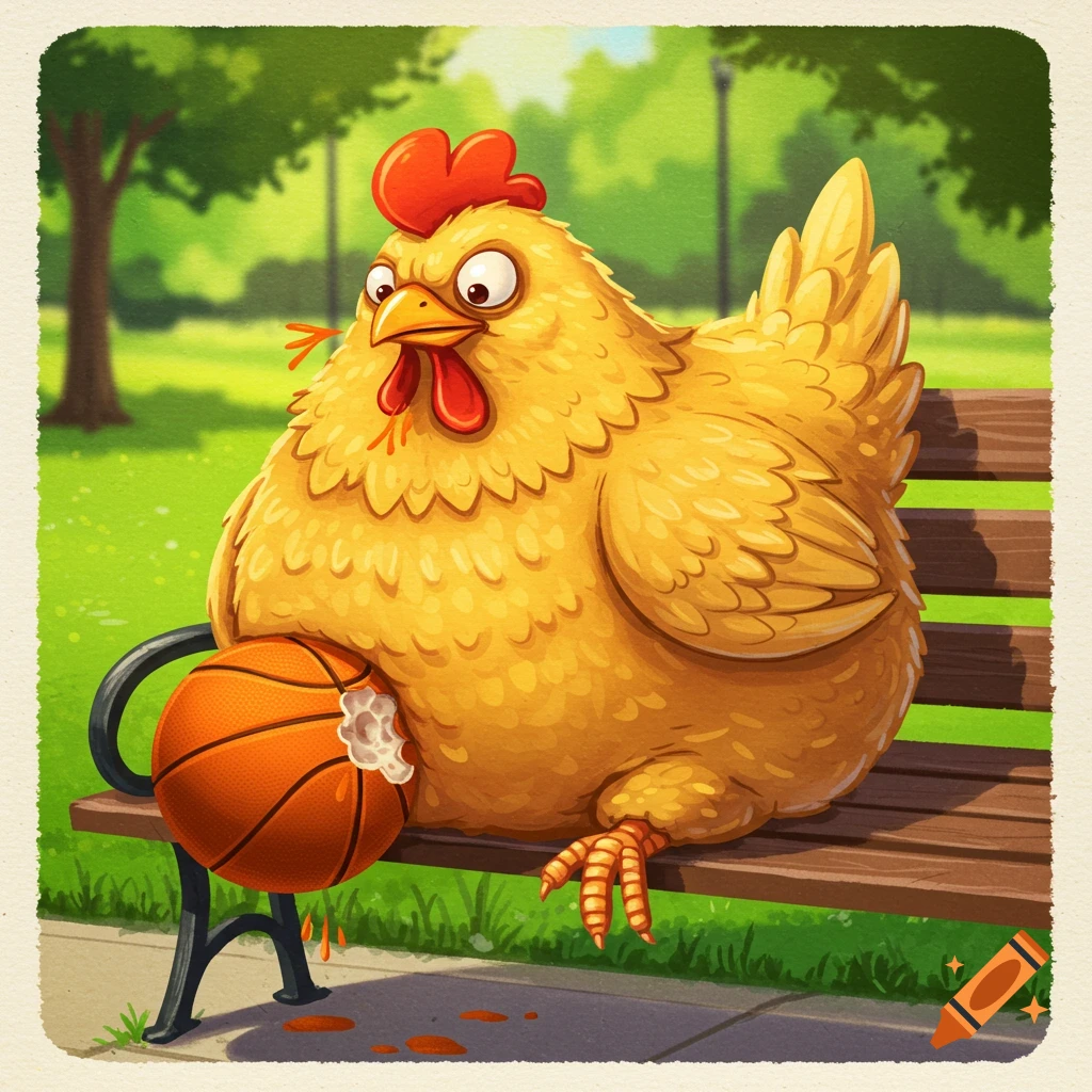 A cartoon chicken sits on a park bench eating a basketball.