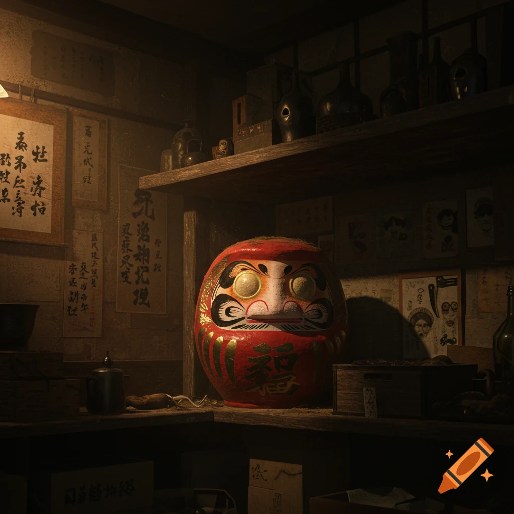 A large red Daruma doll in a dimly lit, cluttered Japanese antique shop with posters on walls.