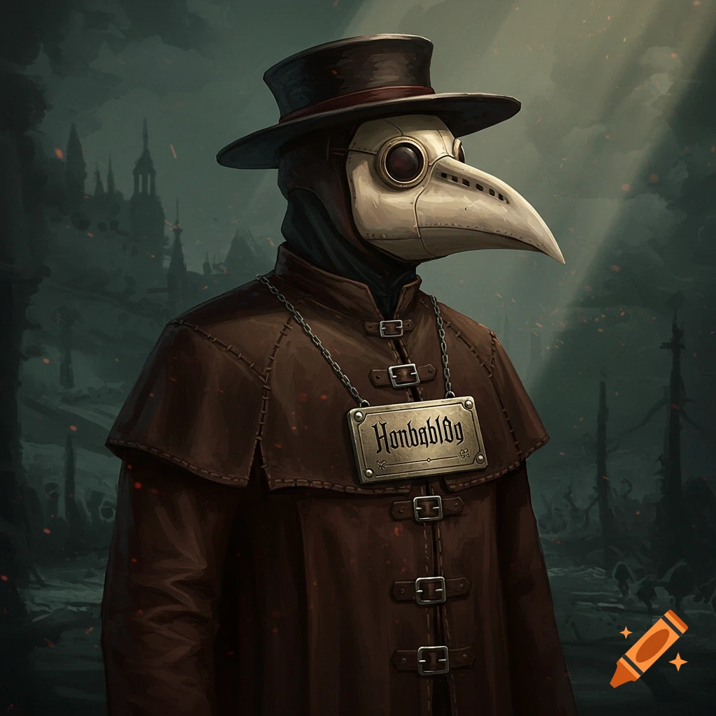 A plague doctor, wearing a mask and hat, stands in a dark, ruined city with a metal plate around their neck.