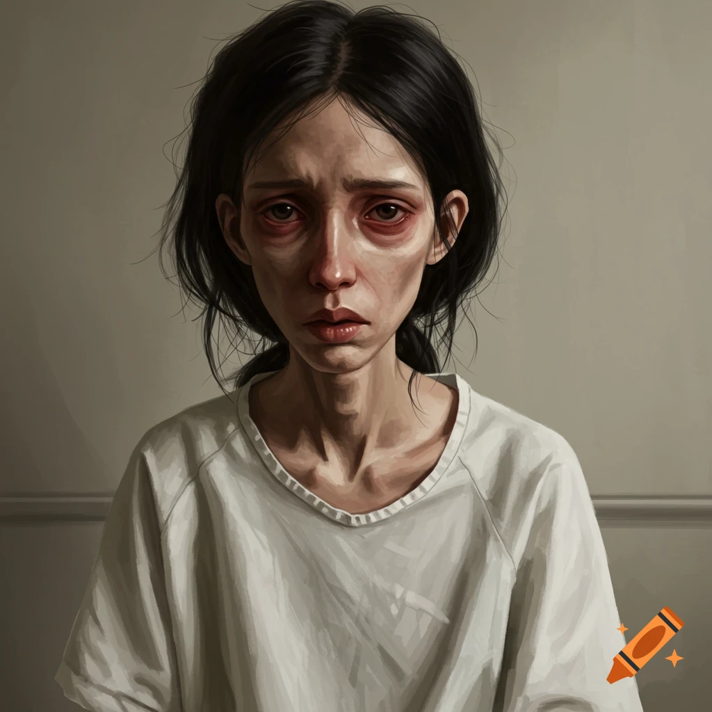 A drawing of an emaciated female patient with dark circles looking sad.