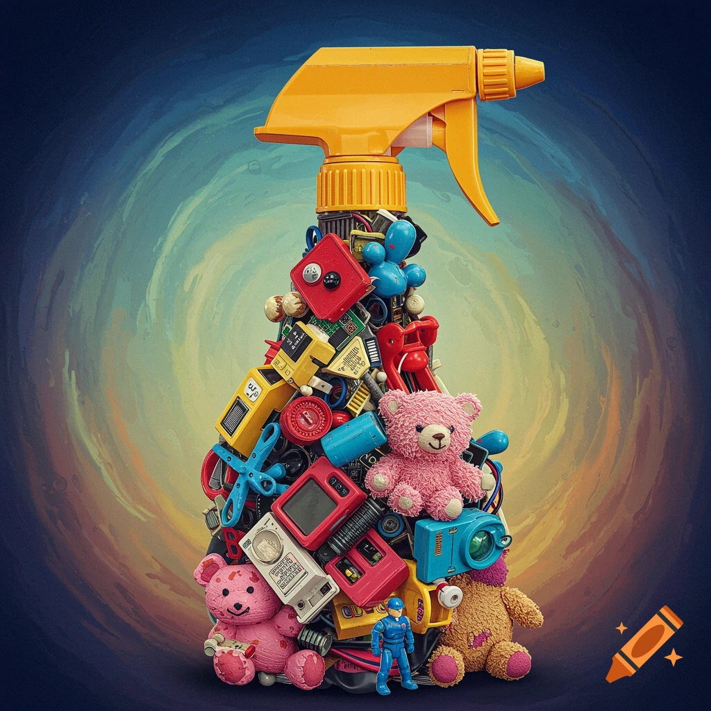 Surreal assemblage of toys, junk, and stuffed animals forming a spray bottle.