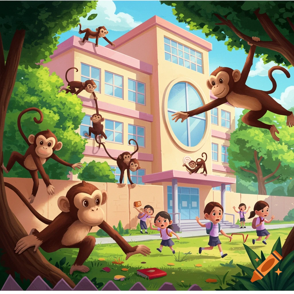 Cartoon illustration of monkeys swinging from trees and climbing on an elementary school while children run.