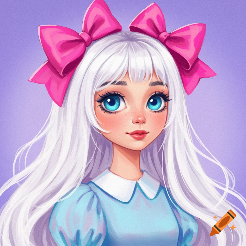 A stylized portrait of a girl with white hair, blue eyes, pink bows, and a blue dress.