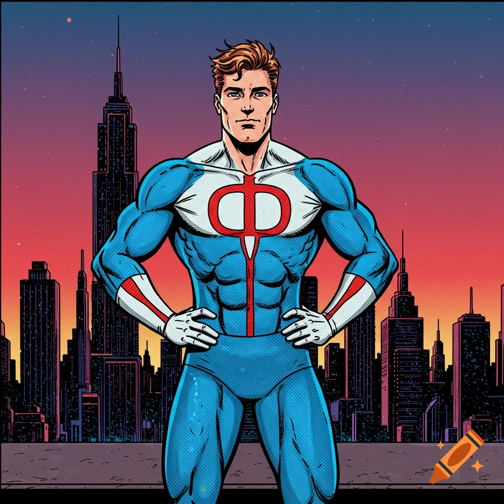 Muscular superhero in blue, white, red suit with symbol stands before city skyline at sunset. Comic book style digital art.