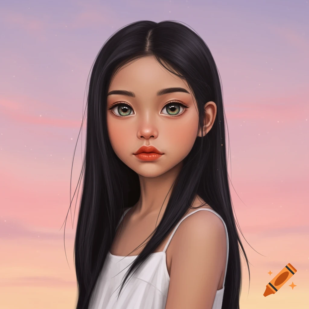 A young girl with long black hair and green eyes is shown against a pink and purple sky.