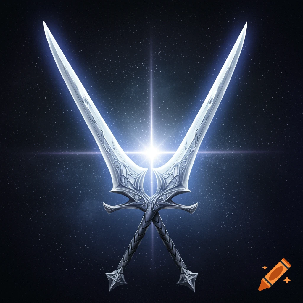 Two ornate fantasy swords crossed in a starry sky with an ethereal glow.