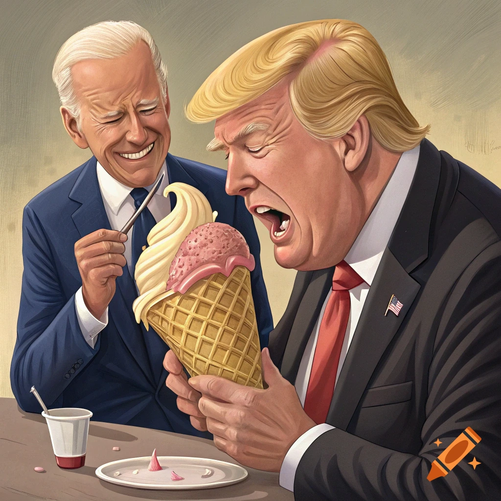 Caricature of Joe Biden smiling and holding a small object near a giant ice cream cone held by Donald Trump, who is opening his mouth towards it. Illustration style.