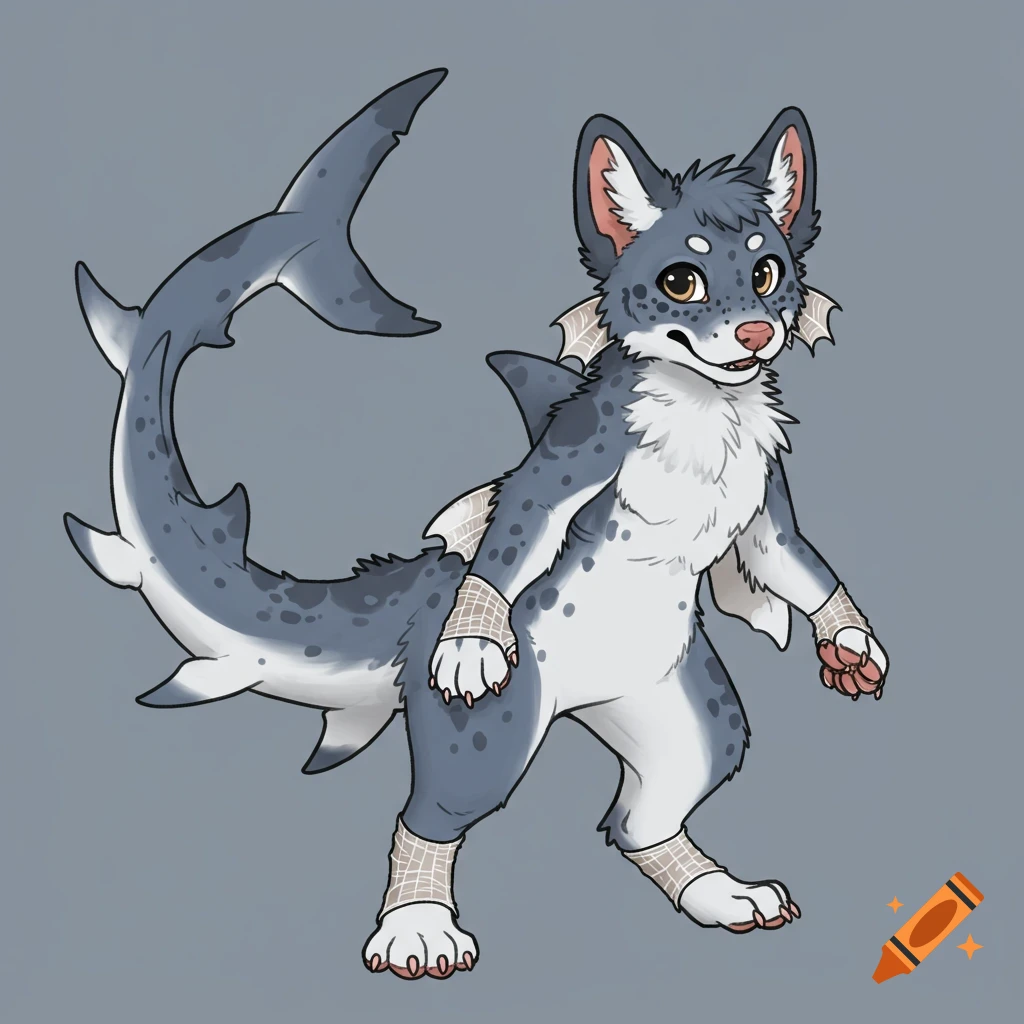 Illustration of a cartoon anthropomorphic dog-shark hybrid standing.