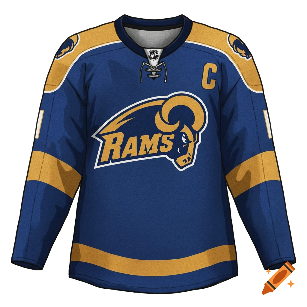 A blue and gold hockey jersey with a ram logo and 'RAMS' text.