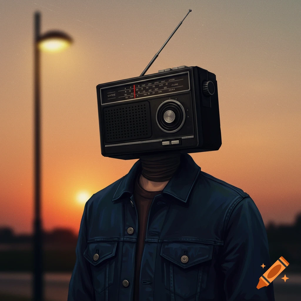 A person with a vintage radio head, wearing a jacket and standing outside at sunset.