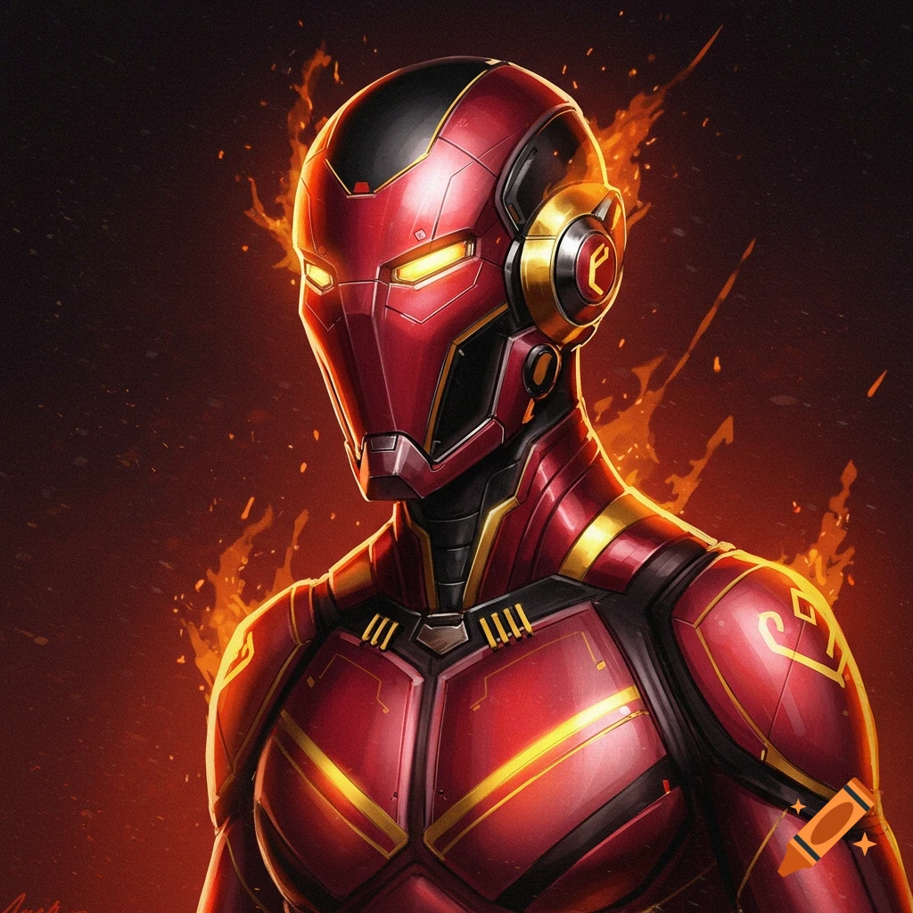 A character in a red and gold sci-fi suit, with fire surrounding them.