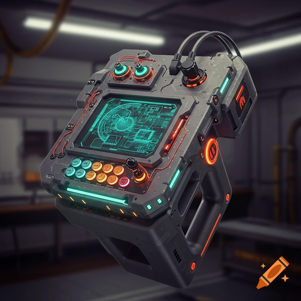 Futuristic handheld device with a glowing screen and buttons