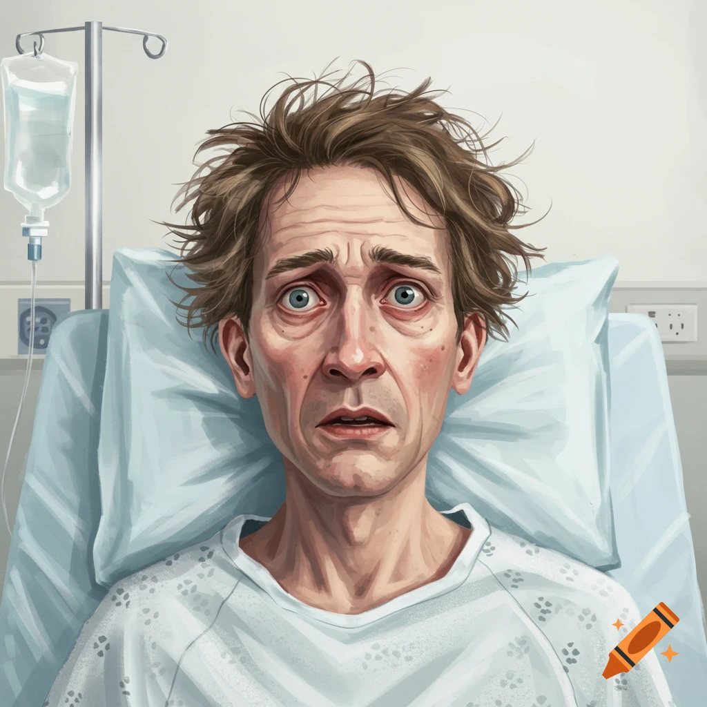 A confused patient is lying in a hospital bed with an IV drip.