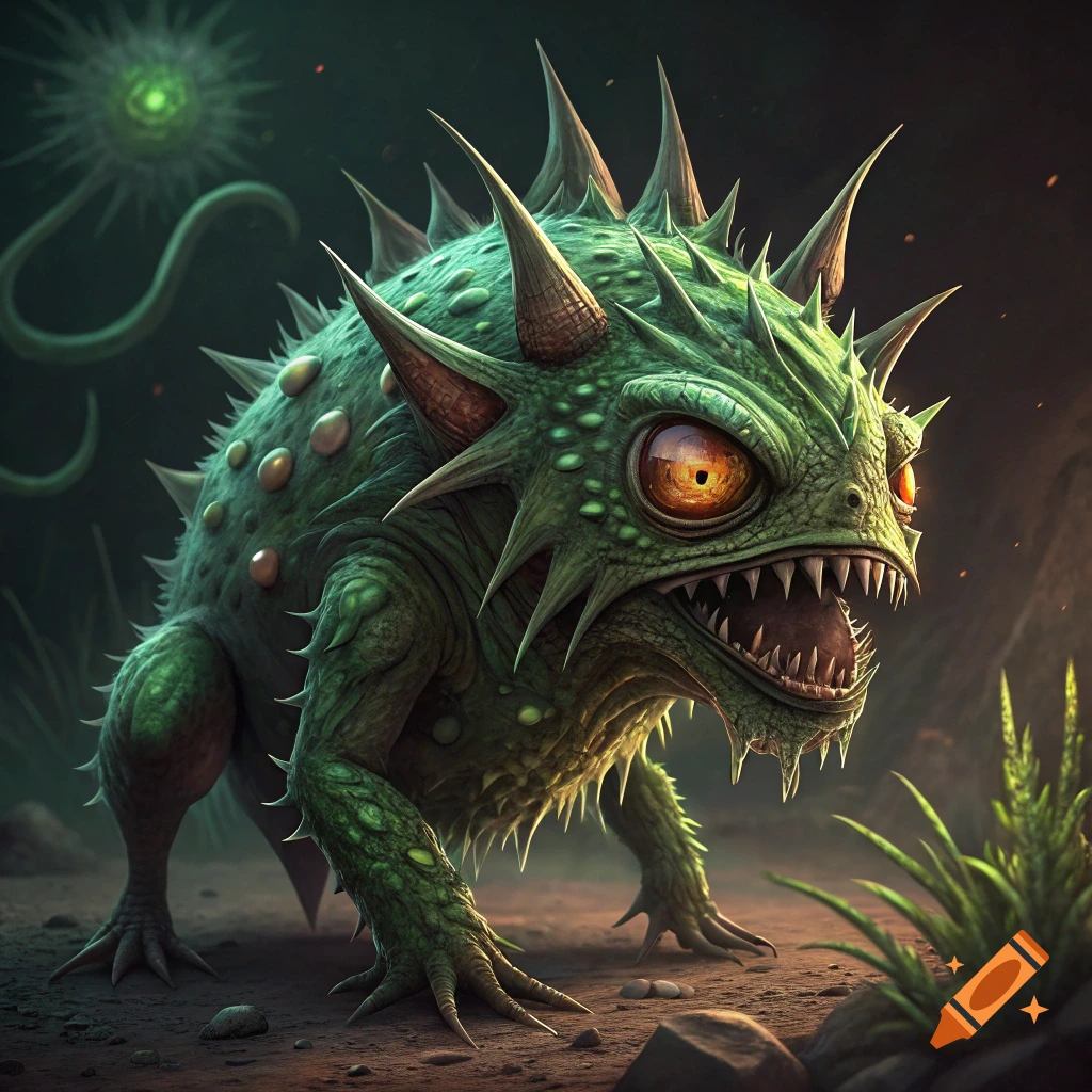 A green, spiny three-eyed fantasy creature with sharp teeth stands on the ground.