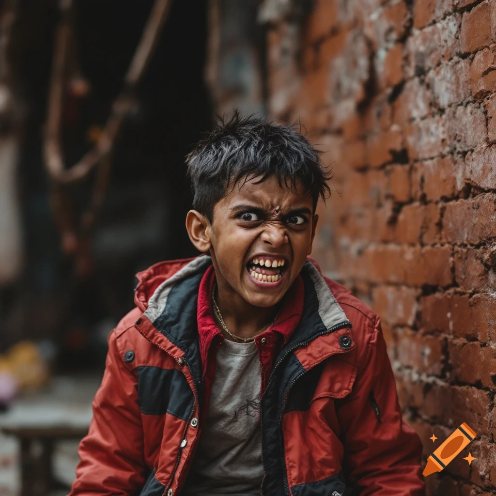 Photorealistic portrait of an angry Indian boy with bared teeth standing near a brick wall.