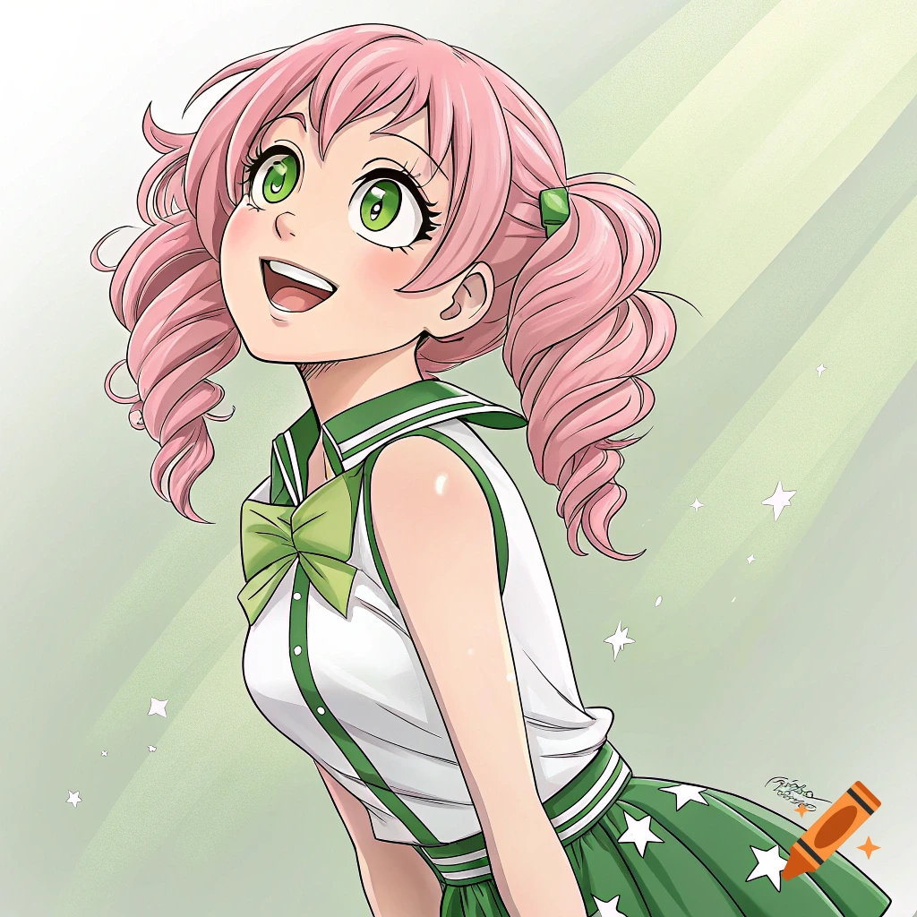 Anime girl with pink hair in pigtails and green eyes, wearing a sailor uniform, smiling.