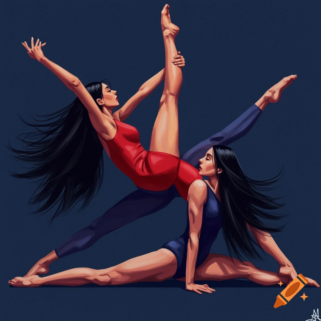Two female dancers in red and blue athletic wear performing dynamic splits and poses against a dark blue background.