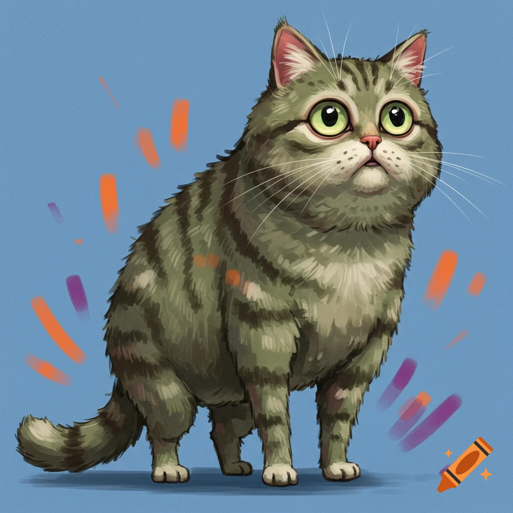 A cartoonish tabby cat with large eyes sits against a blue background with colorful strokes.
