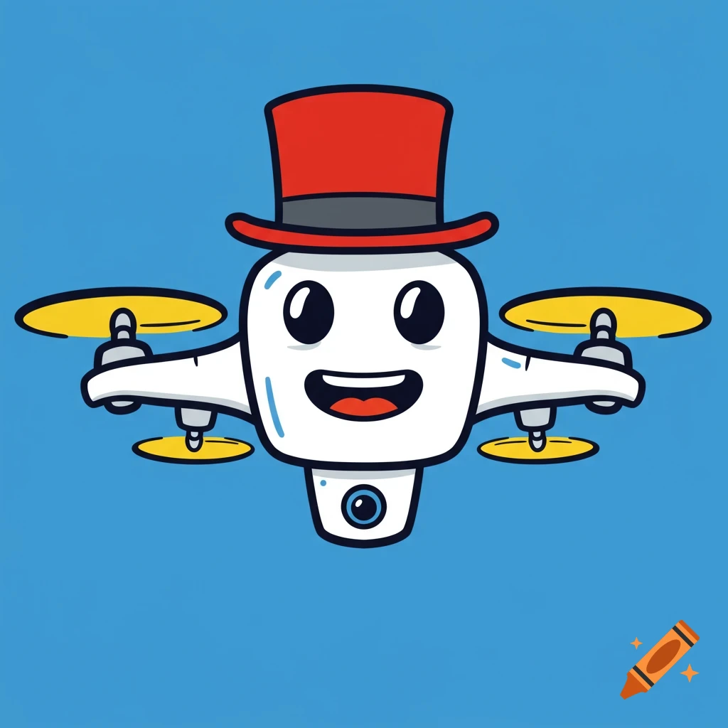 Happy cartoon drone wearing a red top hat on blue background. Simplistic 2D style.