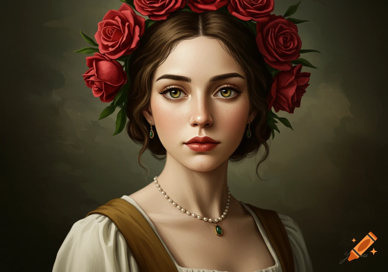 Painting of a woman with dark hair wearing a wreath of red roses, pearl necklace, and green earrings.