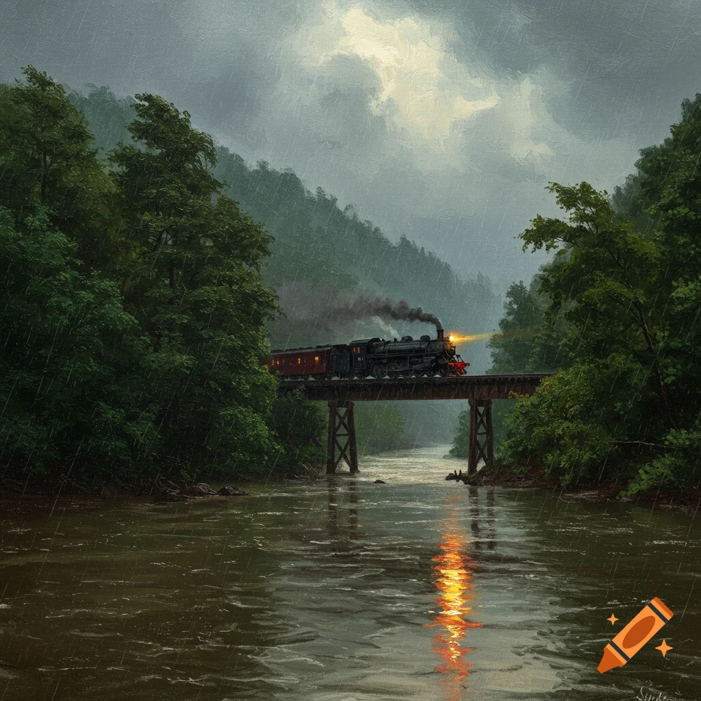A painting of a steam train crossing a bridge over a river in a rainy forest.