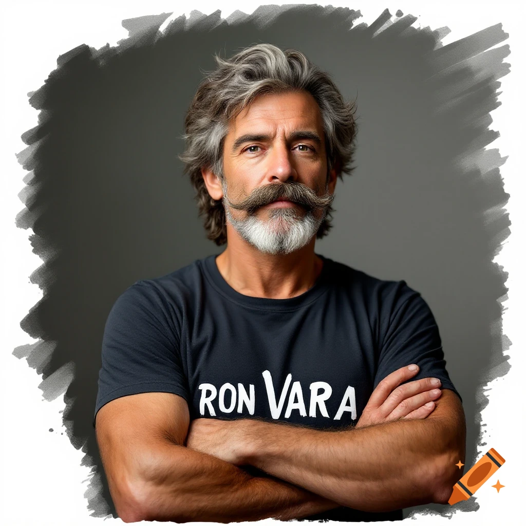 A man with a mustache and van dyke beard wears a black t-shirt saying 'RON VARA' and crosses his arms.