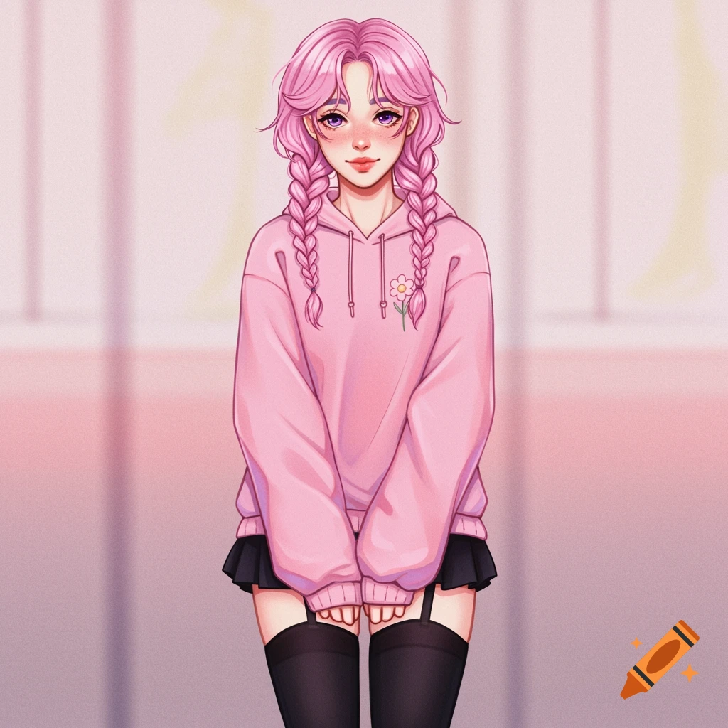 An anime drawing of a character with pink braided hair, wearing a pink hoodie, black skirt, and black thigh-high stockings.