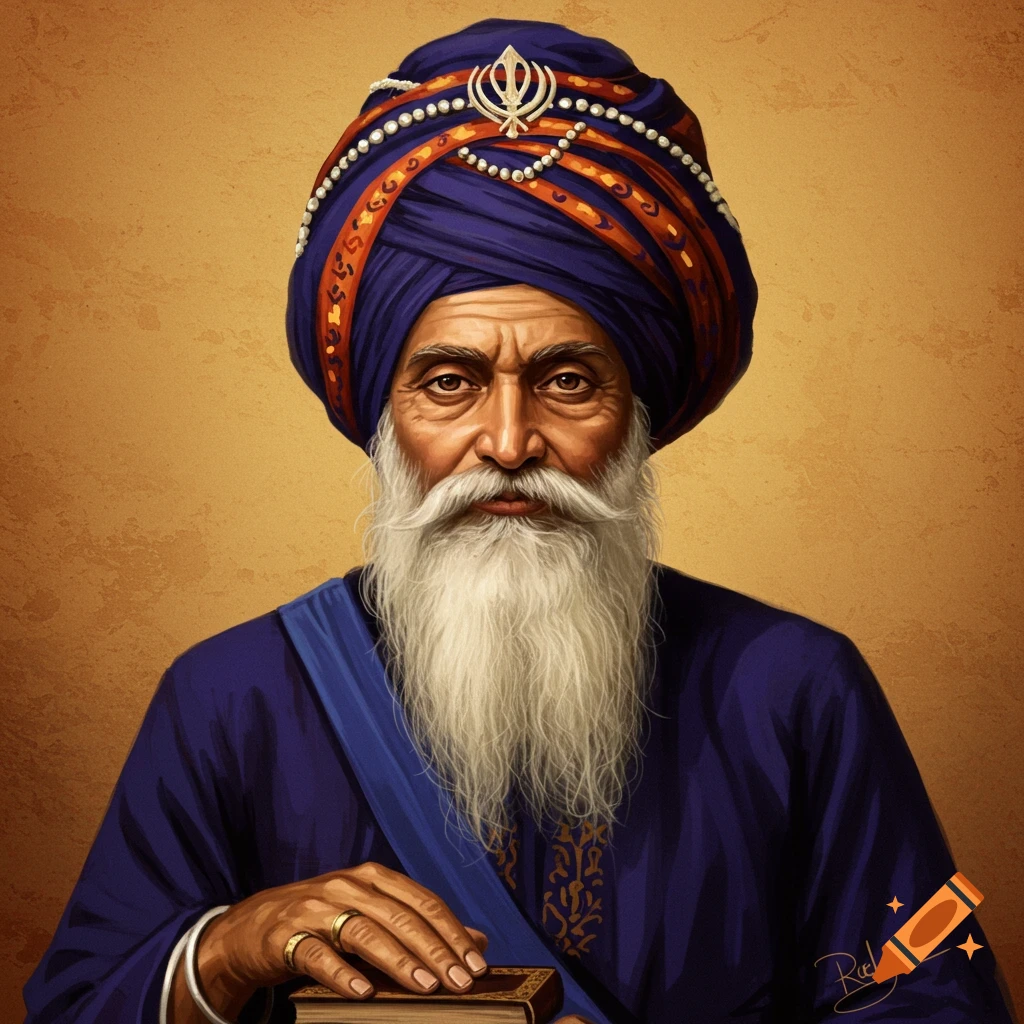 An elderly Sikh man in a blue robe and turban, holding a book.