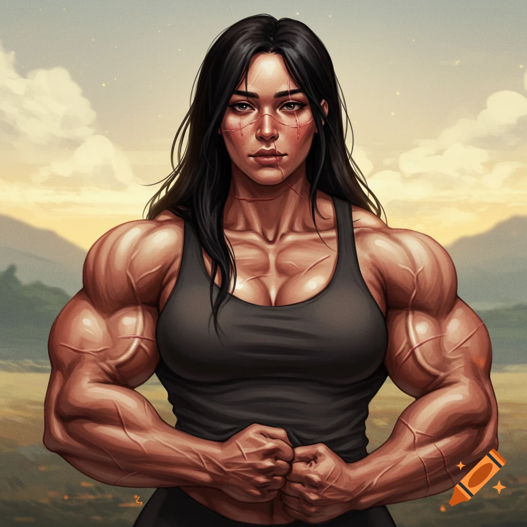 Painting of a muscular woman with facial scars flexing, in a landscape.