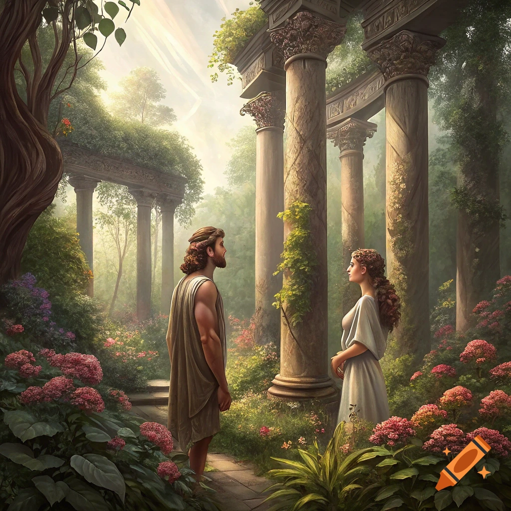 A man and woman stand in a lush garden with ancient columns.