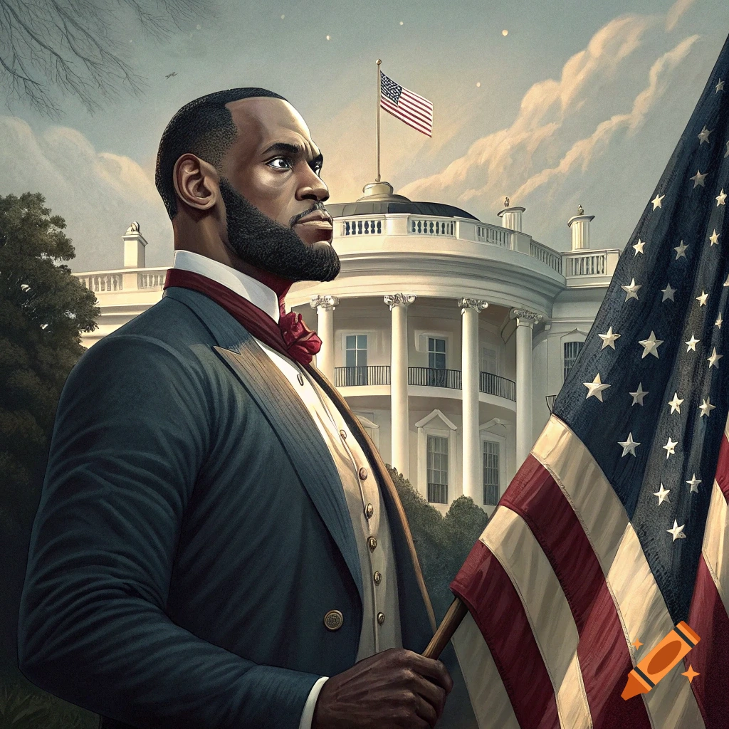 Lebron James in historical clothing holds an American flag in front of the White House.