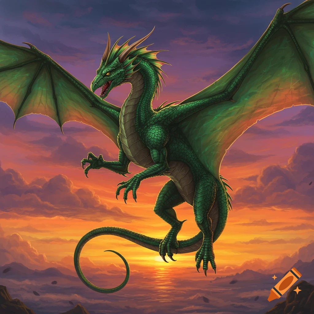 A green dragon with large wings flies at sunset over mountains.