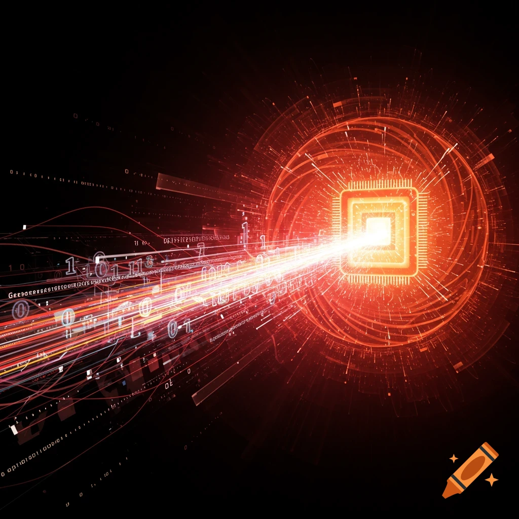 A glowing CPU chip emits light and data streams.