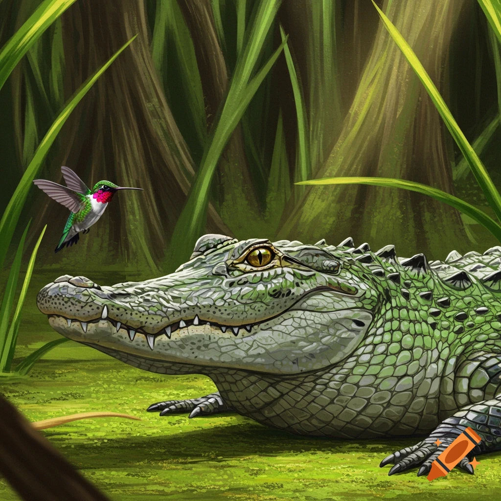 Hummingbird hovering near an alligator in a swamp.