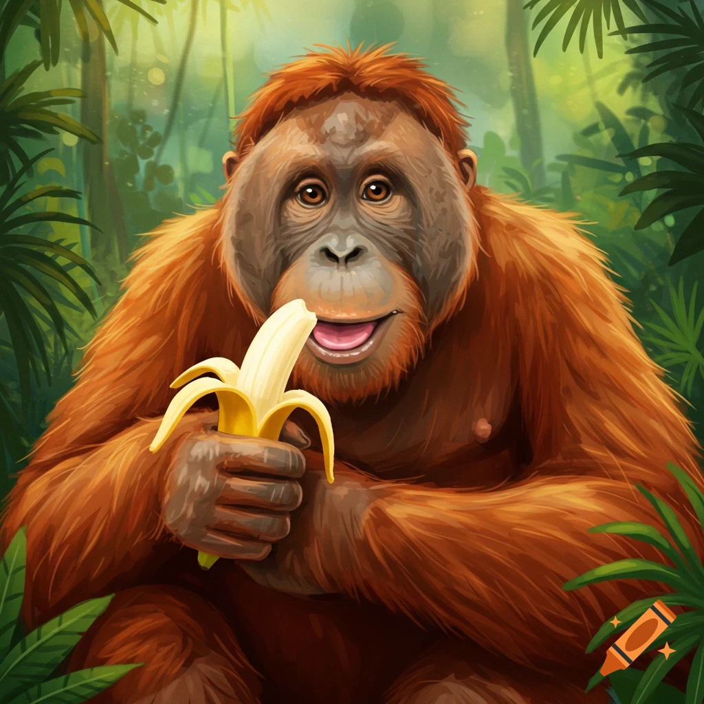 A smiling orangutan holding a partially peeled banana in a jungle setting.