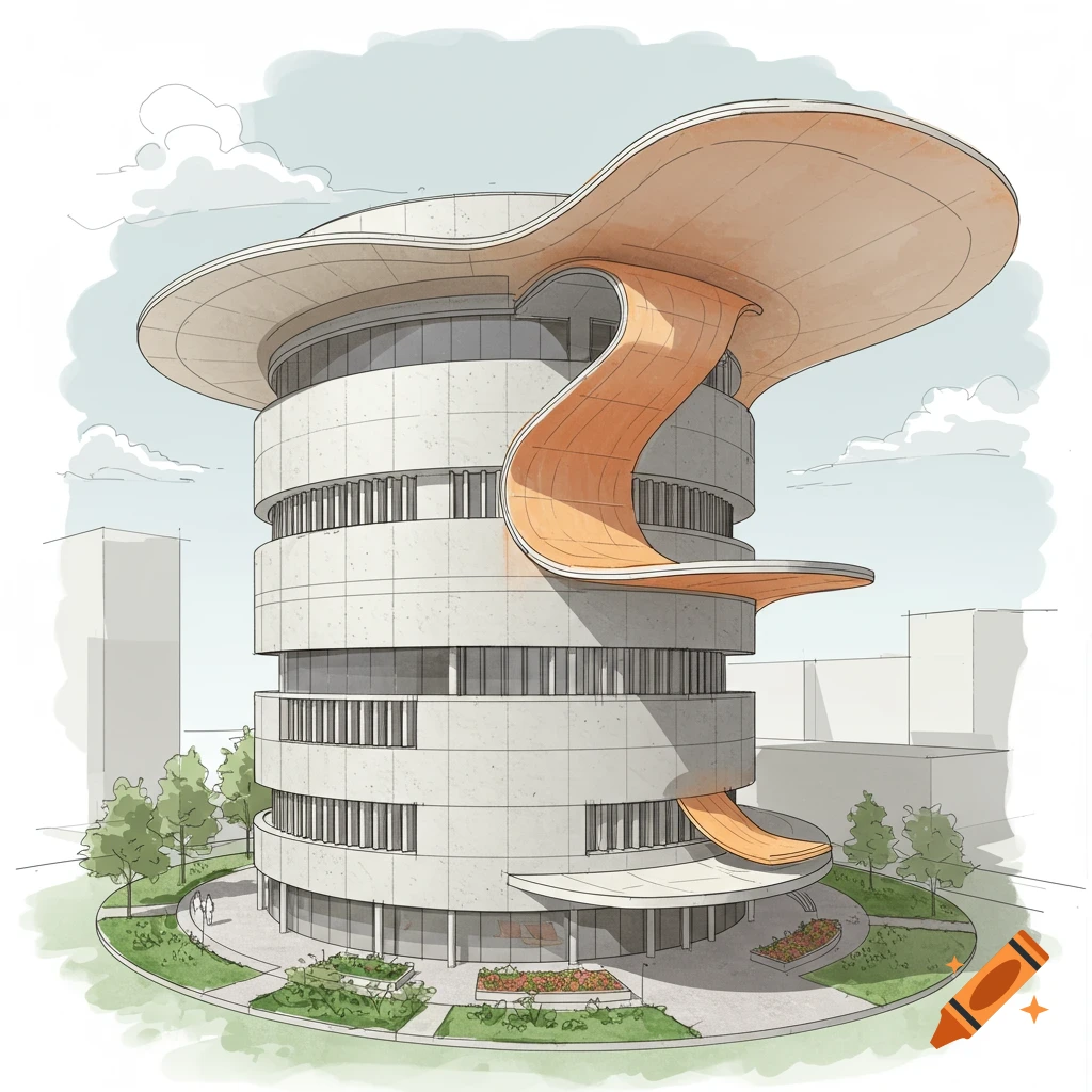 An architectural sketch of a modern cylindrical building with a large wavy orange roof and overhang.