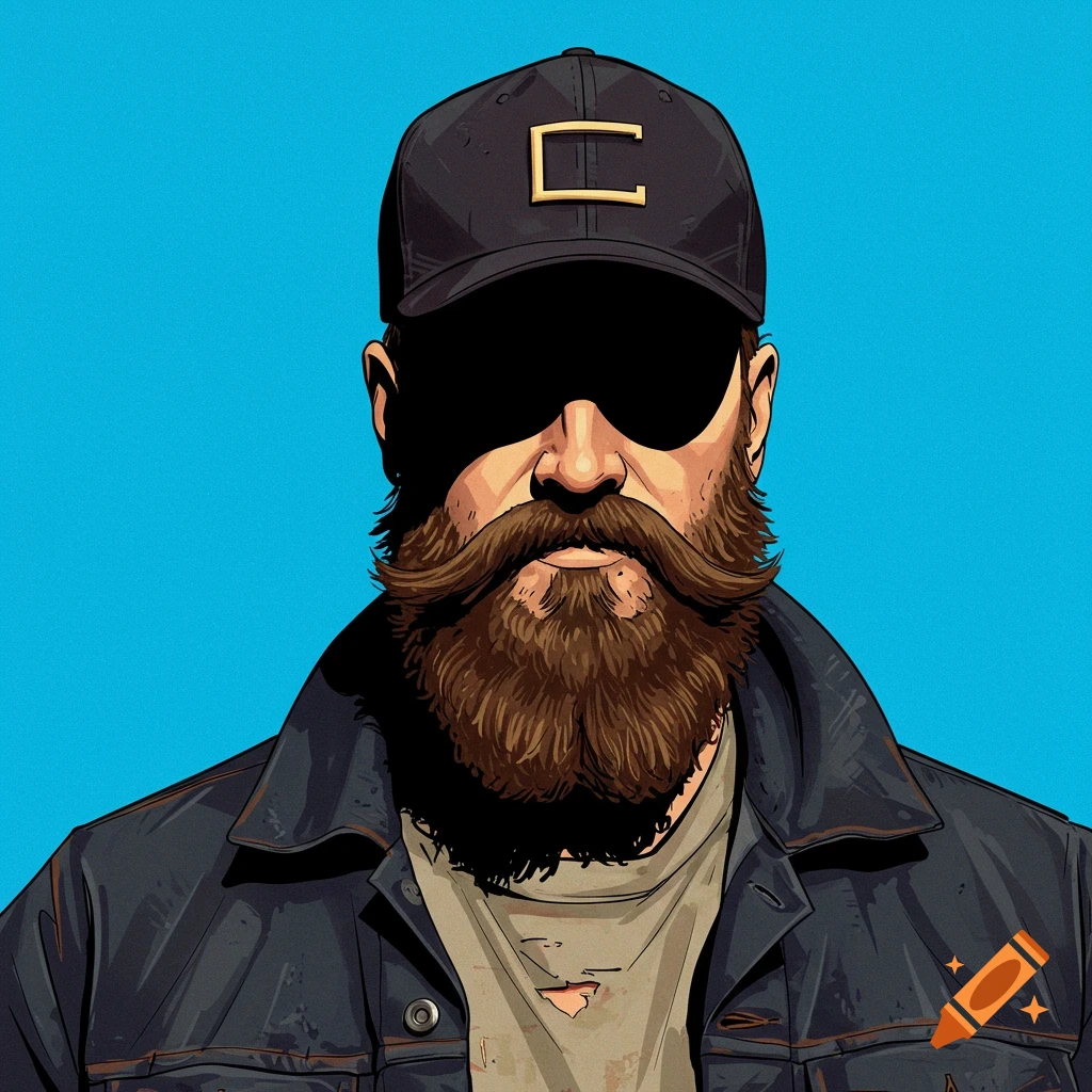 A man with a large beard and mustache wears a black baseball cap and jacket against a blue background.