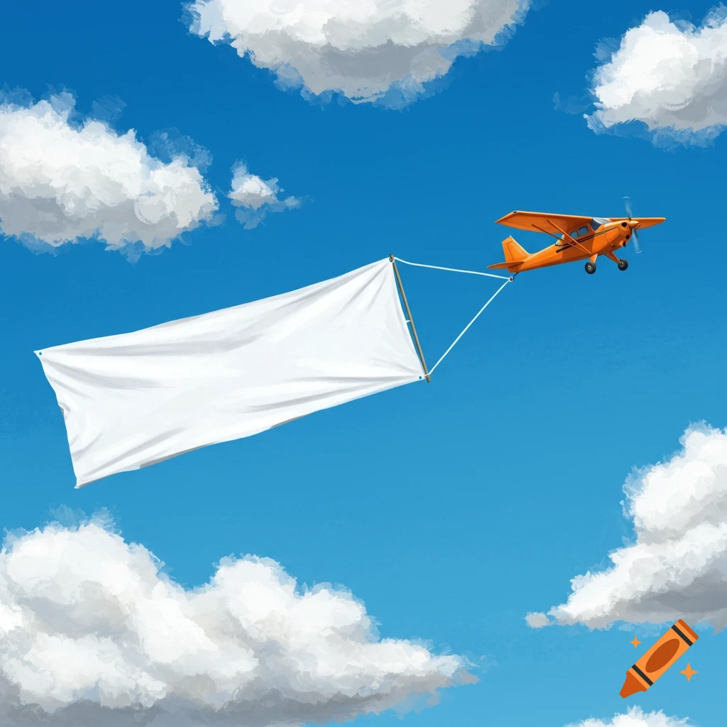 Orange airplane tows blank white banner through blue sky with clouds.