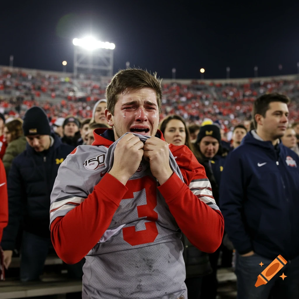 Young man wearing an Ohio State jersey cries while watching a football game in a stadium at night.