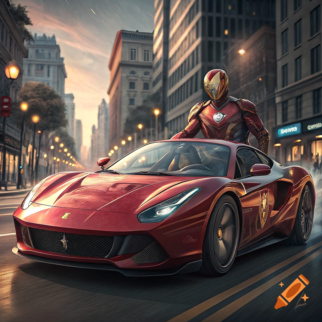 Iron Man stands beside a red Ferrari in a detailed cityscape with blurred motion.