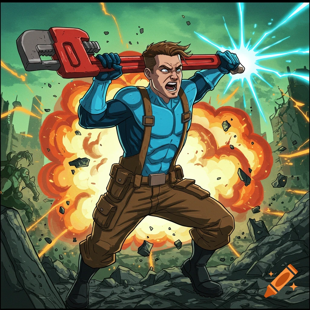 Comic art of a muscular hero in overalls holding a giant wrench over his head in a destroyed city.