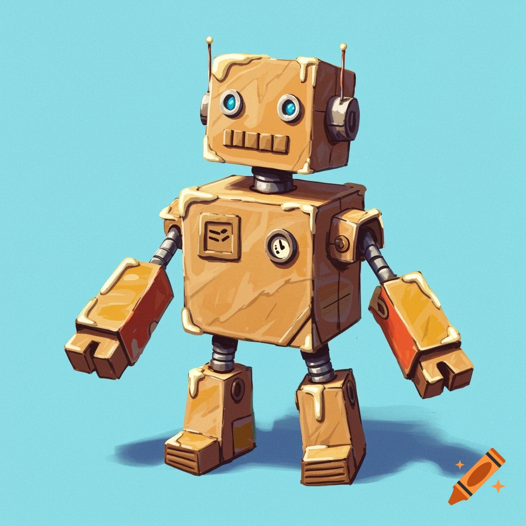 A whimsical toy robot made from cardboard and hot glue.