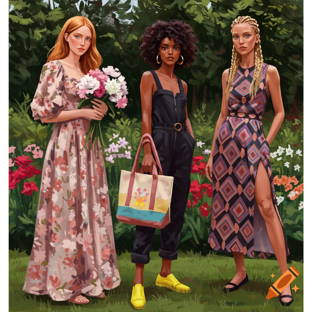 Three women are shown in a garden. One is holding flowers, another has a tote bag, and the third is wearing a patterned dress.