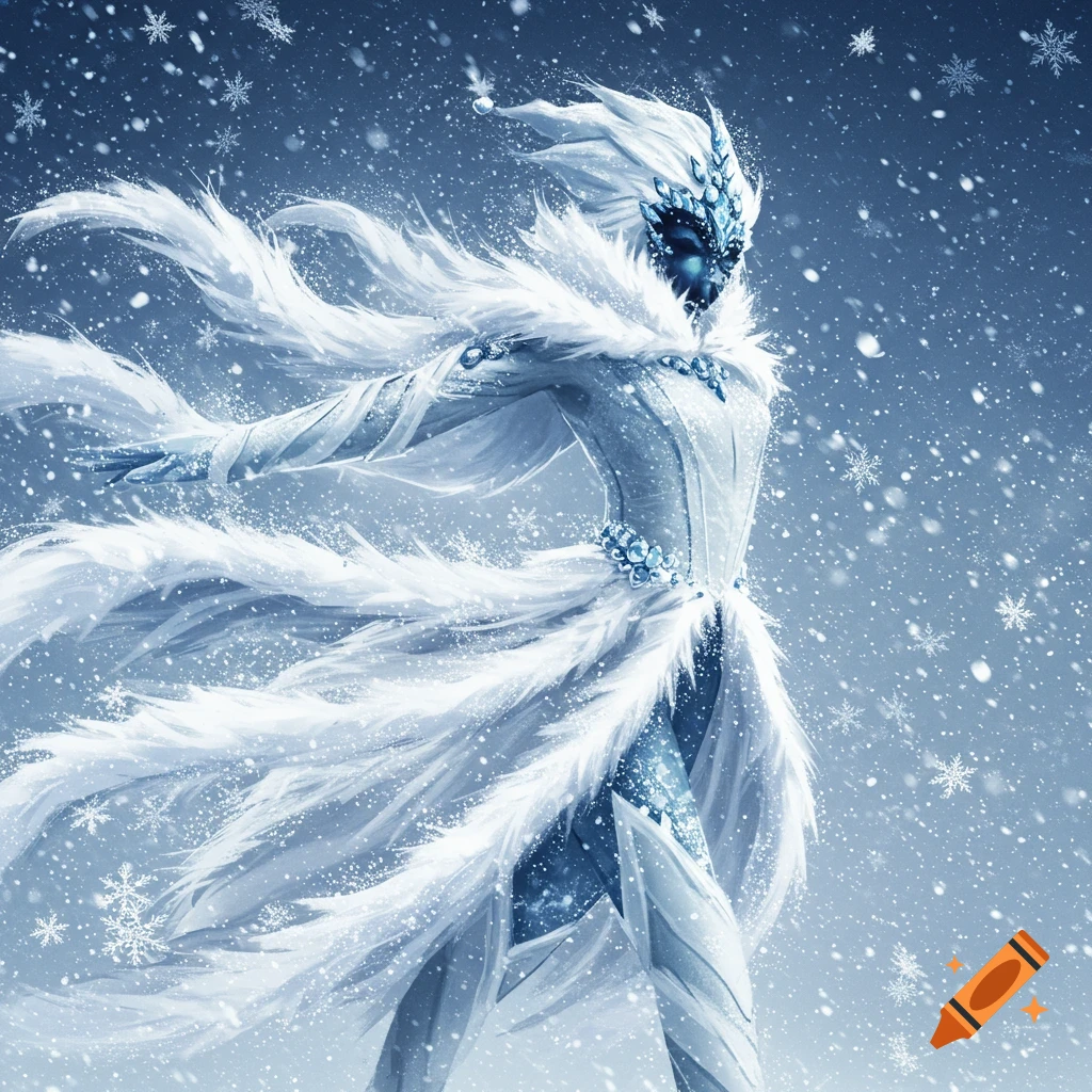 A fantasy ice figure in an elaborate white and blue costume surrounded by snow.