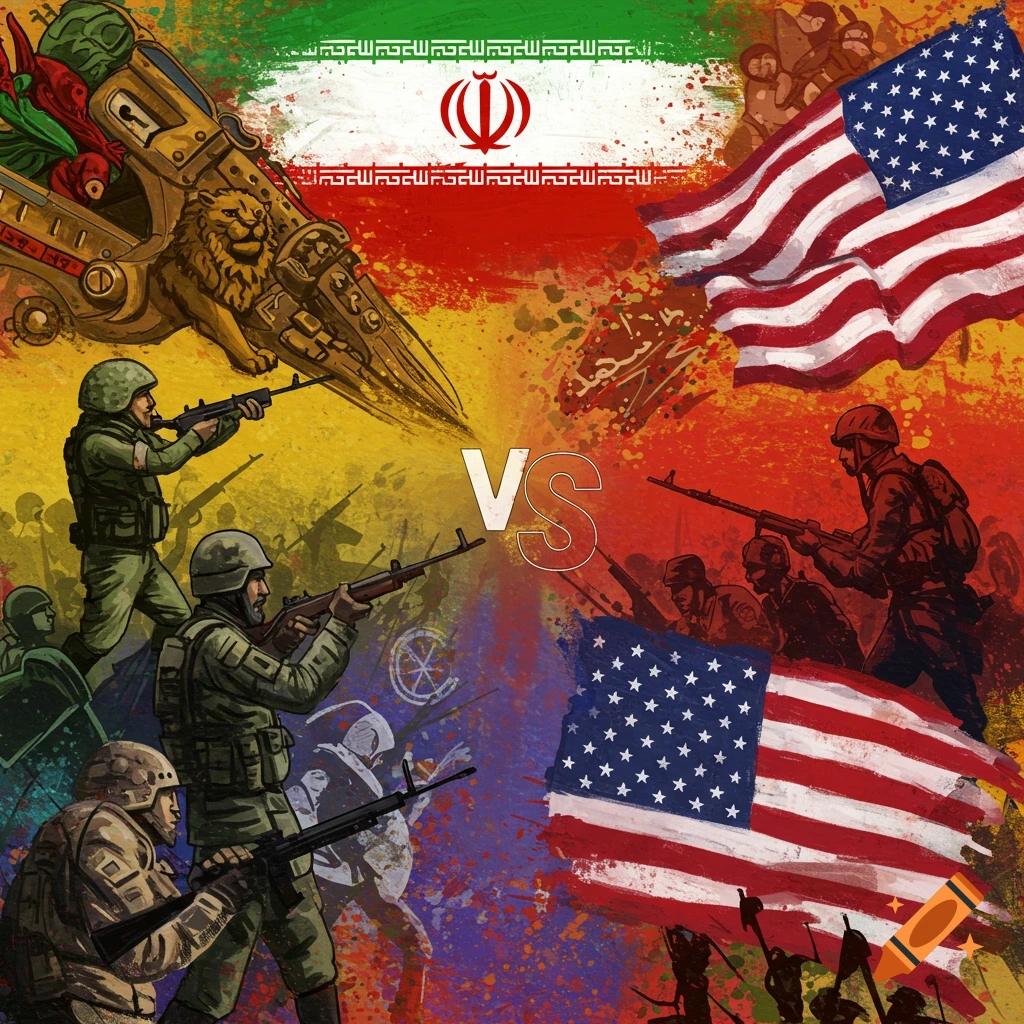 Stylized illustration of Iranian and US soldiers facing each other, with their flags and a 'VS' in the center.