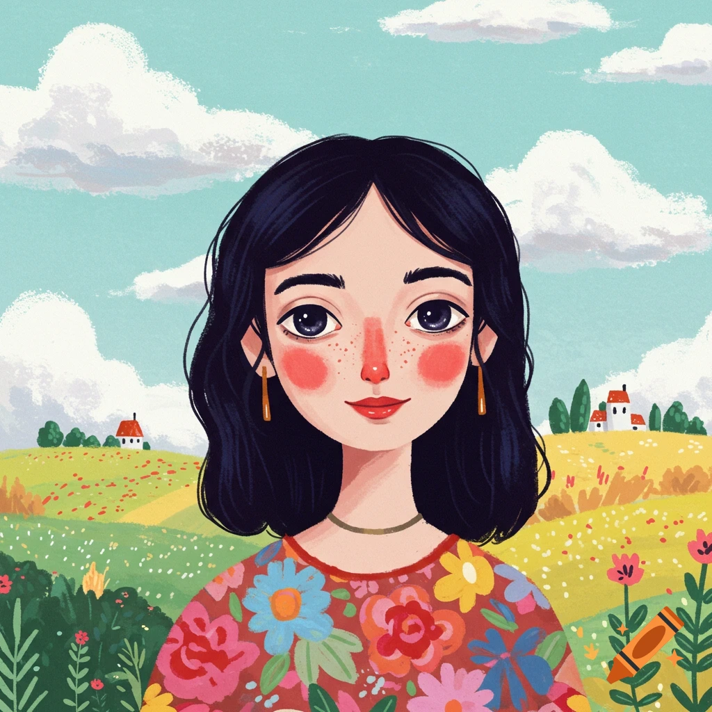 A woman with dark hair and a floral shirt stands in a grassy field with houses and clouds in the background.