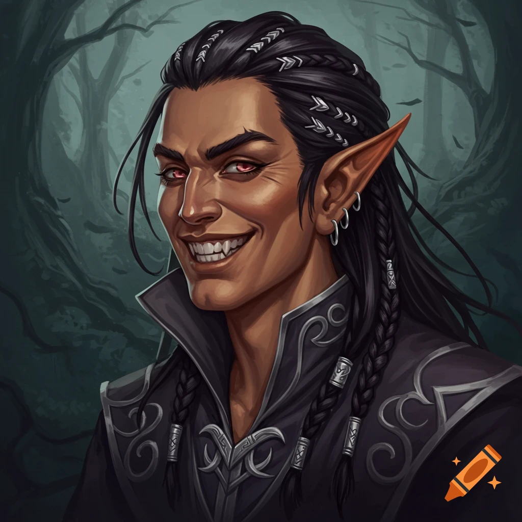 A grinning half-elf warlock with red eyes, fangs, and long dark braided hair in a dark forest.