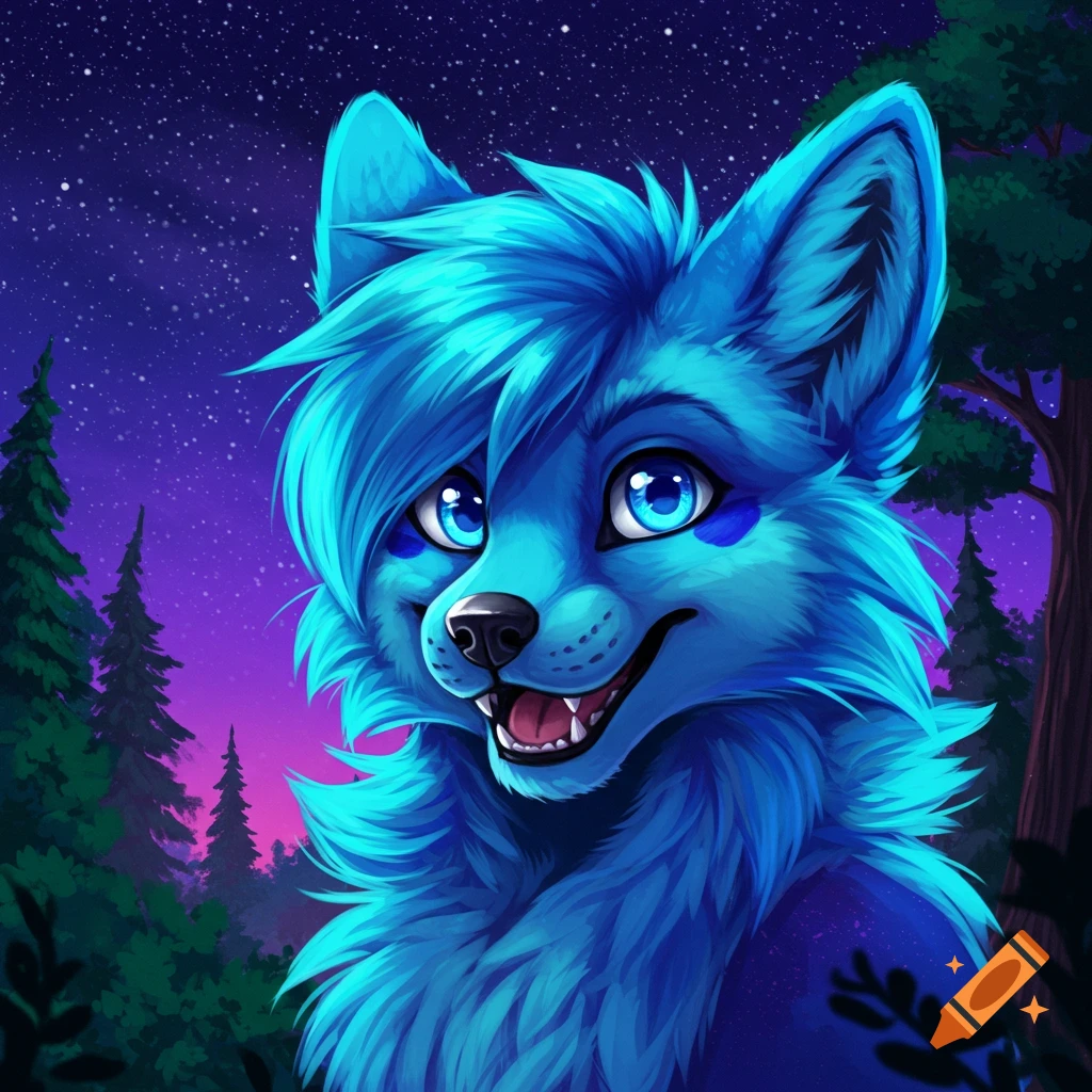 A blue cartoon wolf with bright eyes smiles in a forest at night under a starry sky.