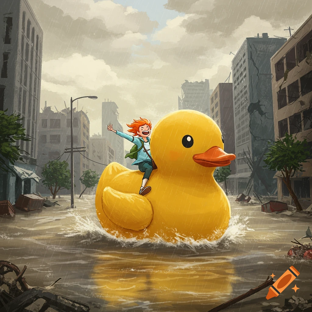 A child rides a giant rubber duck through a flooded, ruined city.