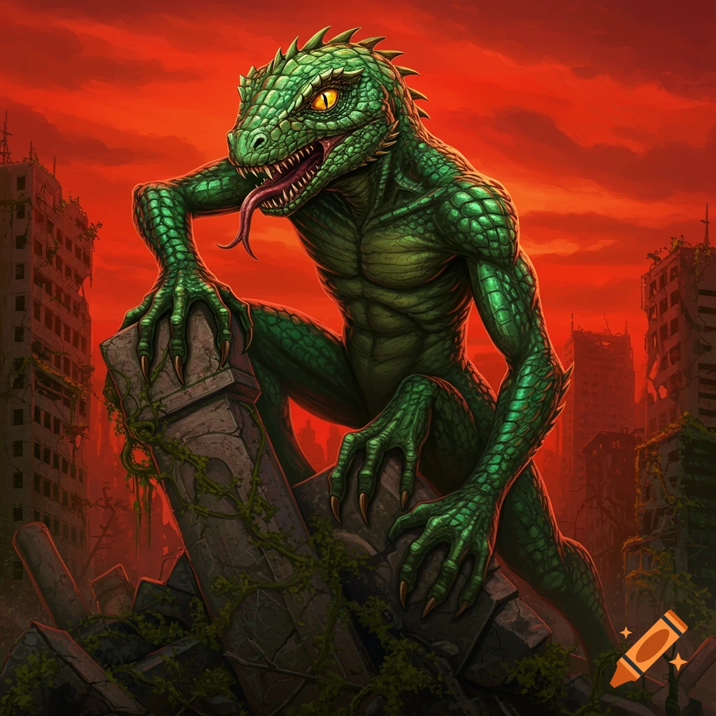 A green lizard creature perches on ruined buildings in a destroyed city under a red sky.